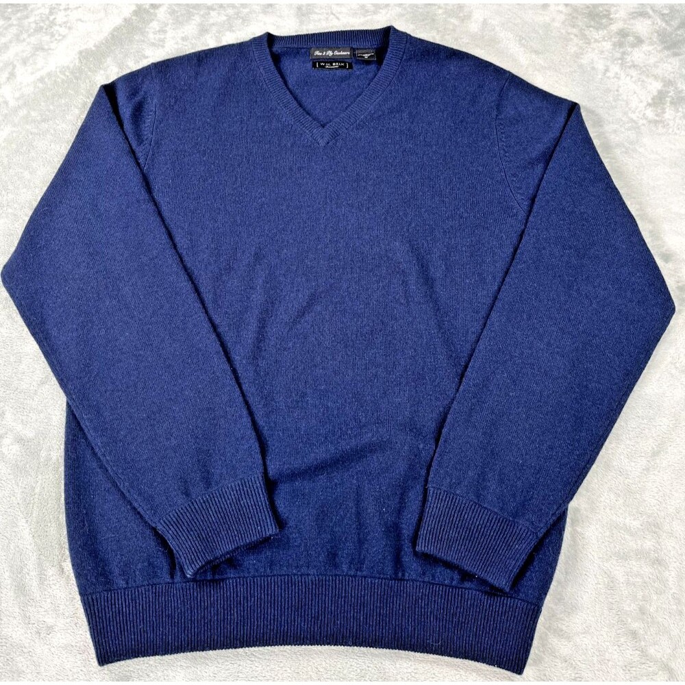 W.H. Belk Cashmere Sweater Medium Blue V-Neck 100% Pure 2-Ply Pullover Knit Mens